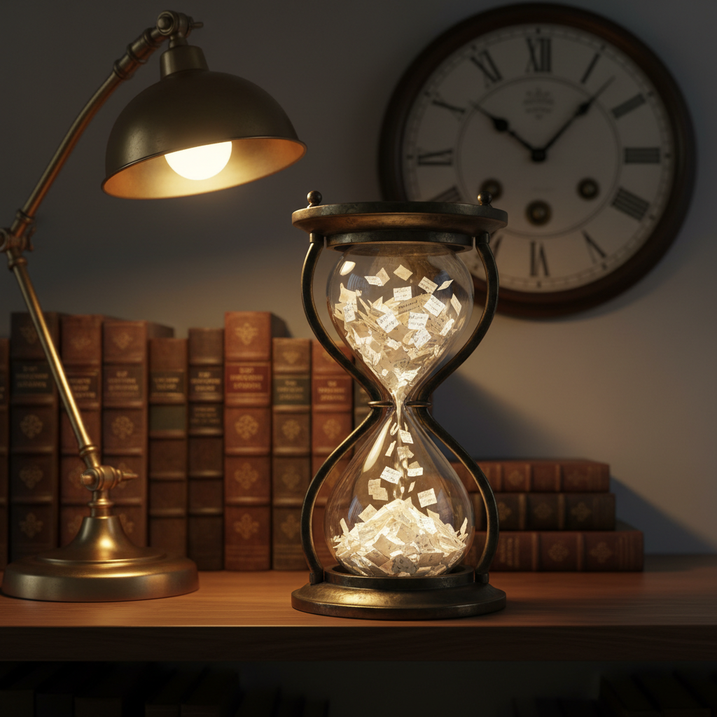 An ornate hourglass filled not with sand but with tiny, luminous fragments of parchment slowly trickles from upper globe to lower, each fragment etched with faint, unreadable handwriting. The hourglass stands on a dark walnut shelf lined with leather-spined fantasy books whose titles are softly out of focus. A single brass desk lamp casts warm, focused light, creating crisp highlights along the glass curves and deep, mysterious shadows behind. In the distant background, blurred, a large clock hangs slightly askew, its hands pointing to impossible times. Captured in photographic realism at eye level using the rule of thirds, the composition emphasizes the hourglass as a symbol of fractured time. The atmosphere is contemplative, sophisticated, and subtly uncanny, suggesting stories where chronology bends and memories slip away.